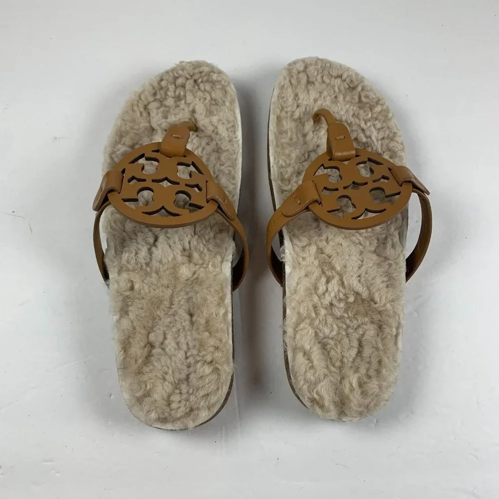 Tory Burch Miller‎ Cloud Shearling Women's Leather Sandal Size 9.5 Tan NIB S0404